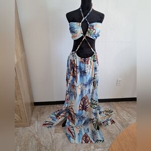 Fashion Nova Beachcation Dress Chiffon Lined Blue Leaf Print Lg/XL New Tropical